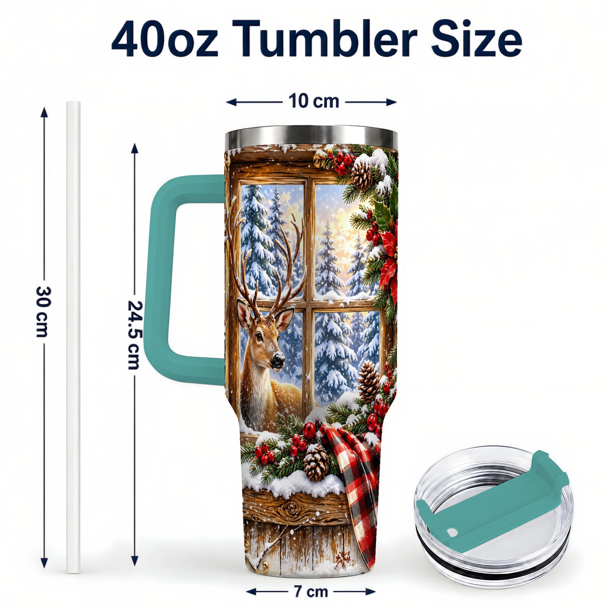 #pl[40oz|Green] Winter Deer 40oz Tumbler with Handle, Christmas Stainless Steel Travel Cup