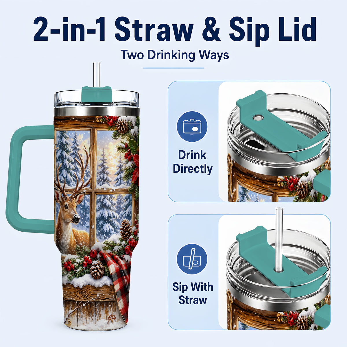 #pl[40oz|Green] Winter Deer 40oz Tumbler with Handle, Christmas Stainless Steel Travel Cup