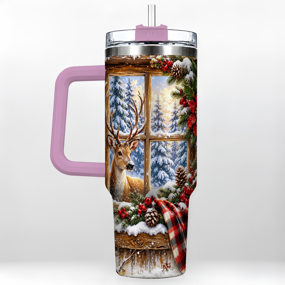 #pl[40oz|Pink] Winter Deer 40oz Tumbler with Handle, Christmas Stainless Steel Travel Cup