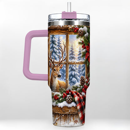 #pl[40oz|Pink] Winter Deer 40oz Tumbler with Handle, Christmas Stainless Steel Travel Cup