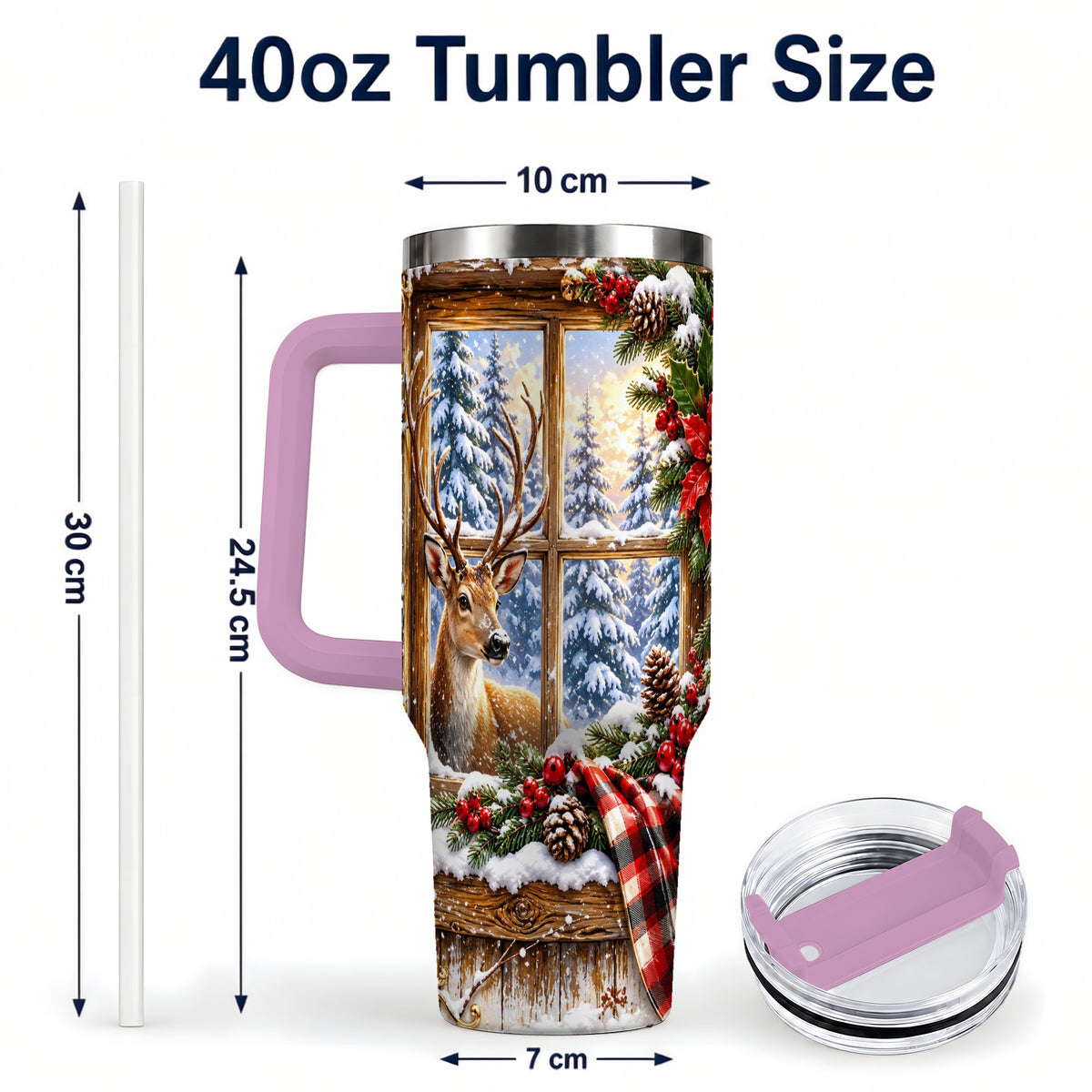 #pl[40oz|Pink] Winter Deer 40oz Tumbler with Handle, Christmas Stainless Steel Travel Cup