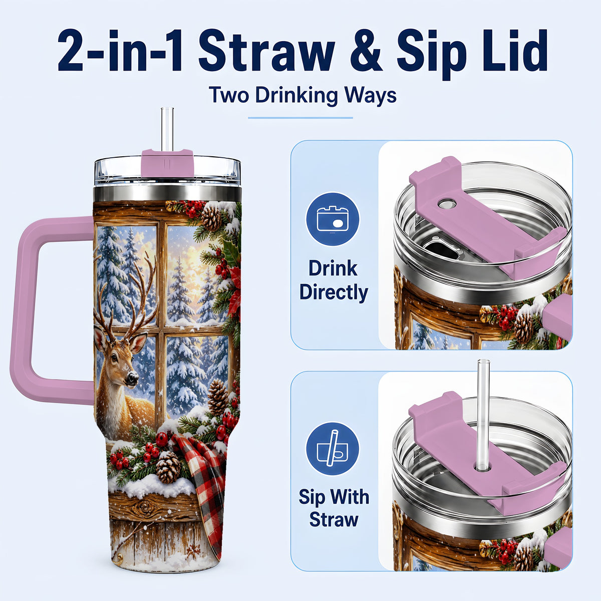 #pl[40oz|Pink] Winter Deer 40oz Tumbler with Handle, Christmas Stainless Steel Travel Cup
