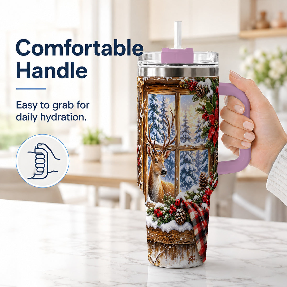#pl[40oz|Pink] Winter Deer 40oz Tumbler with Handle, Christmas Stainless Steel Travel Cup