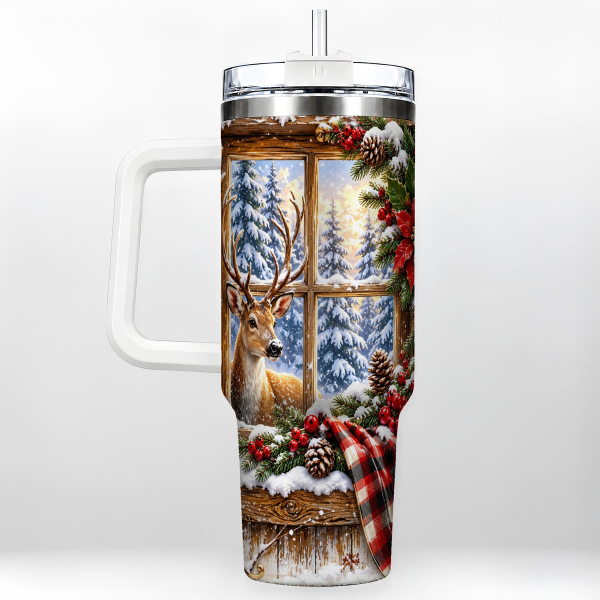 Winter Deer 40oz Tumbler with Handle, Christmas Stainless Steel Travel Cup