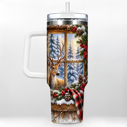 Winter Deer 40oz Tumbler with Handle, Christmas Stainless Steel Travel Cup