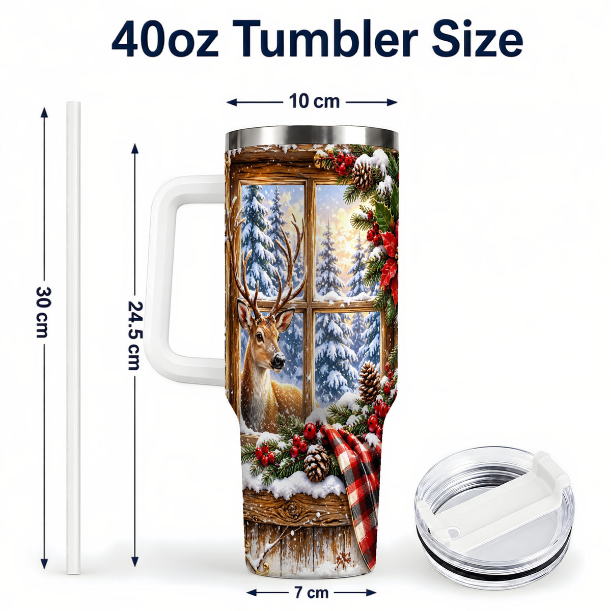 #pl[40oz|White] Winter Deer 40oz Tumbler with Handle, Christmas Stainless Steel Travel Cup