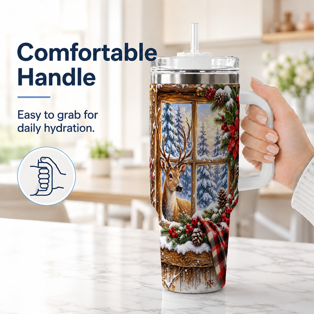 #pl[40oz|White] Winter Deer 40oz Tumbler with Handle, Christmas Stainless Steel Travel Cup