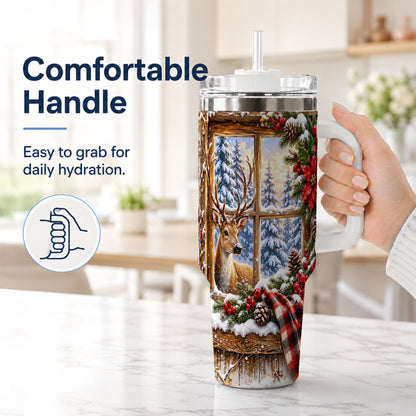 #pl[40oz|White] Winter Deer 40oz Tumbler with Handle, Christmas Stainless Steel Travel Cup