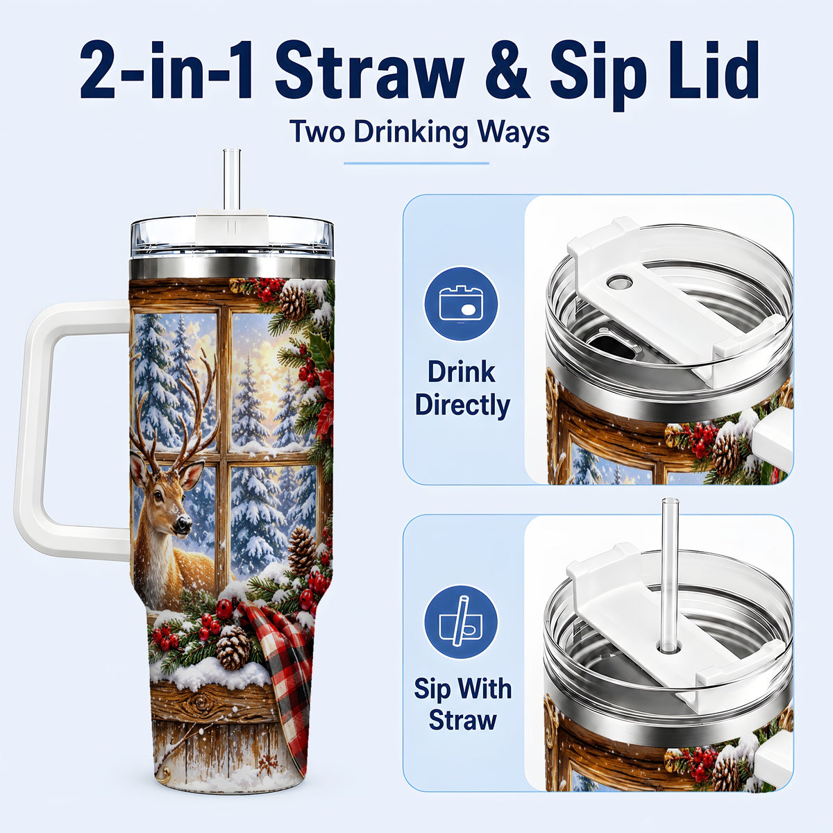 #pl[40oz|White] Winter Deer 40oz Tumbler with Handle, Christmas Stainless Steel Travel Cup