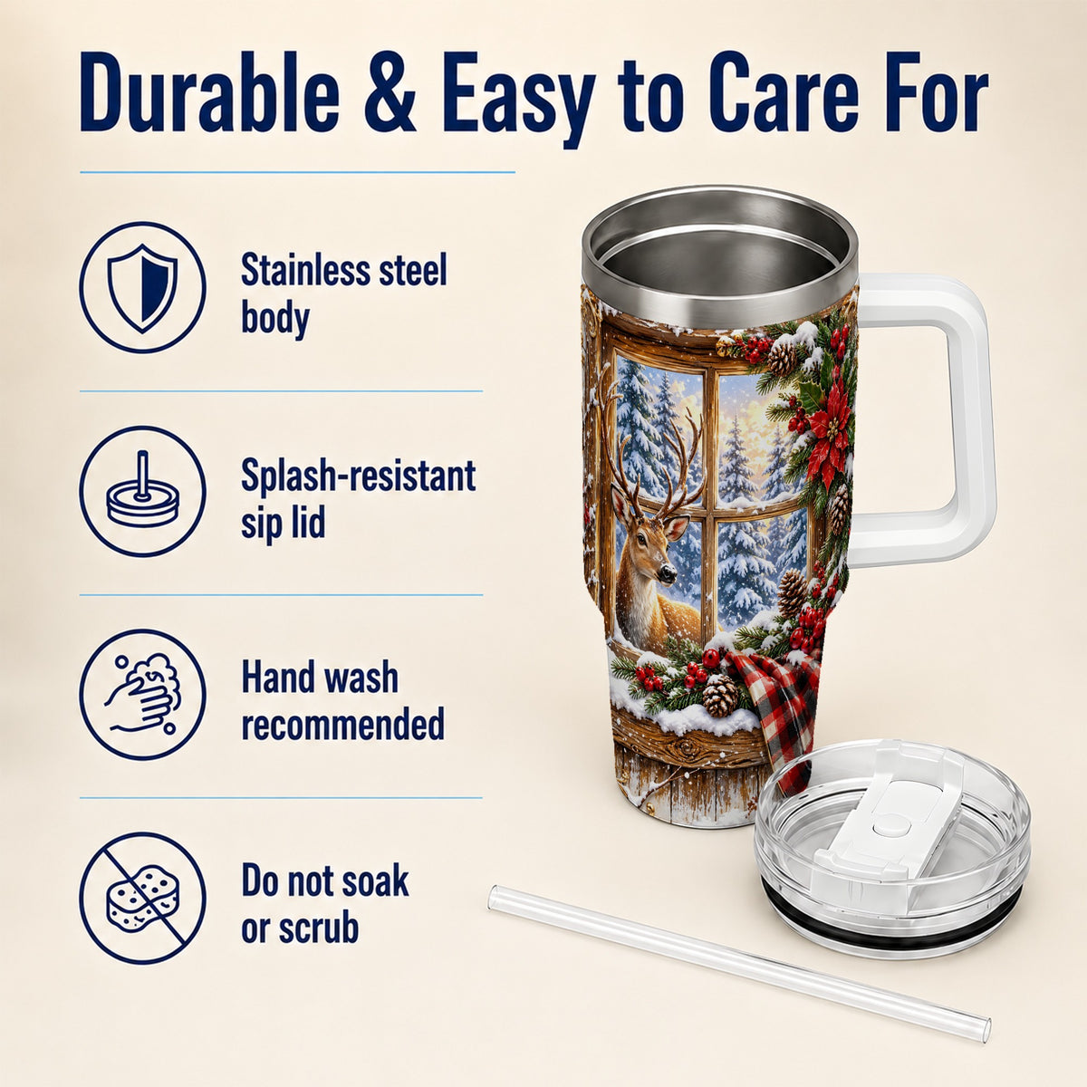 Winter Deer 40oz Tumbler with Handle, Christmas Stainless Steel Travel Cup