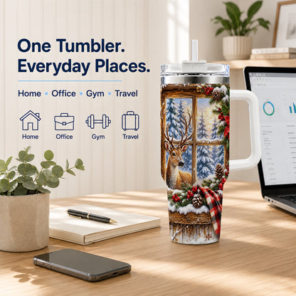 Winter Deer 40oz Tumbler with Handle, Christmas Stainless Steel Travel Cup