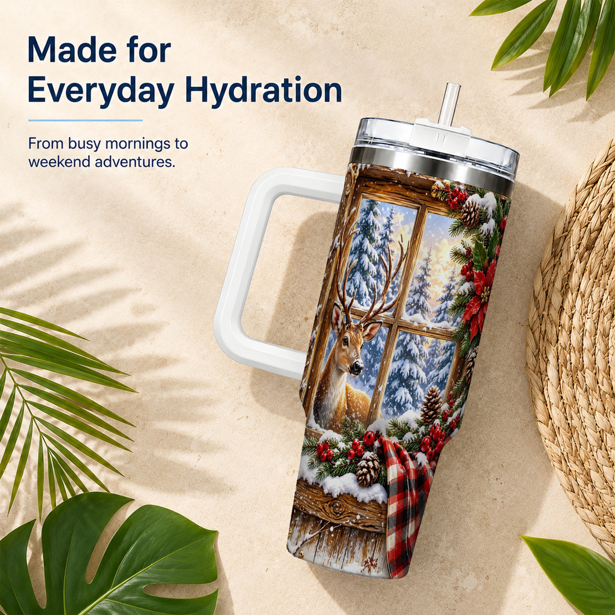 Winter Deer 40oz Tumbler with Handle, Christmas Stainless Steel Travel Cup