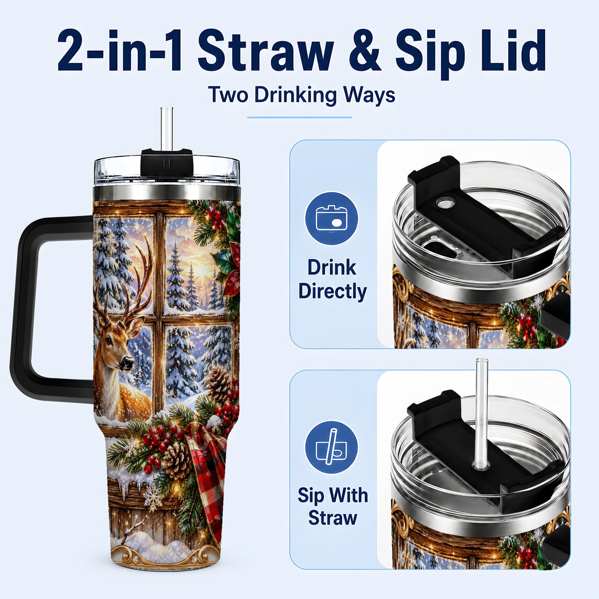 #pl[40oz|Black] Christmas Deer 40oz Tumbler with Handle, Winter Stainless Steel Travel Cup