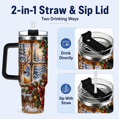 #pl[40oz|Black] Christmas Deer 40oz Tumbler with Handle, Winter Stainless Steel Travel Cup