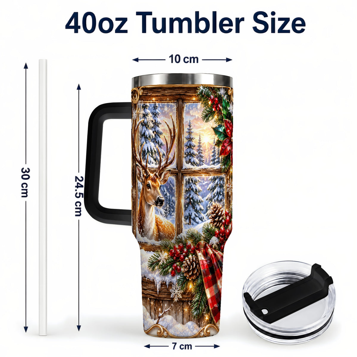 #pl[40oz|Black] Christmas Deer 40oz Tumbler with Handle, Winter Stainless Steel Travel Cup