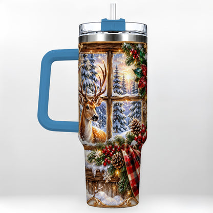 #pl[40oz|Blue] Christmas Deer 40oz Tumbler with Handle, Winter Stainless Steel Travel Cup