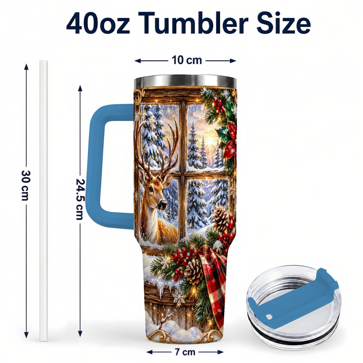 #pl[40oz|Blue] Christmas Deer 40oz Tumbler with Handle, Winter Stainless Steel Travel Cup