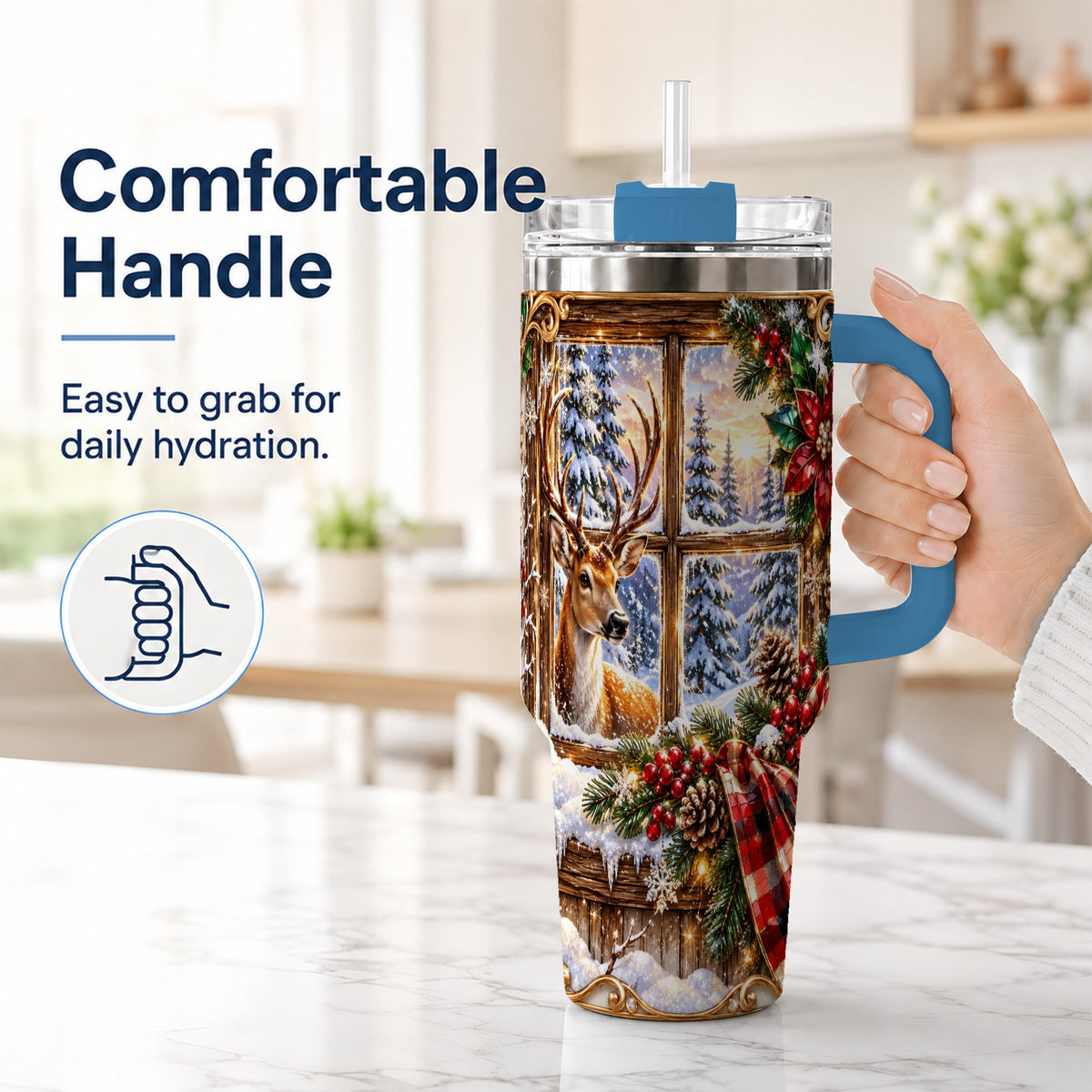 #pl[40oz|Blue] Christmas Deer 40oz Tumbler with Handle, Winter Stainless Steel Travel Cup