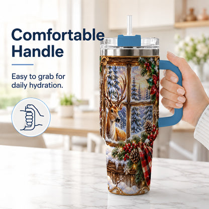 #pl[40oz|Blue] Christmas Deer 40oz Tumbler with Handle, Winter Stainless Steel Travel Cup