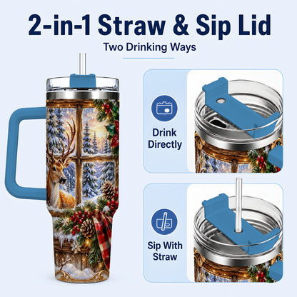 #pl[40oz|Blue] Christmas Deer 40oz Tumbler with Handle, Winter Stainless Steel Travel Cup