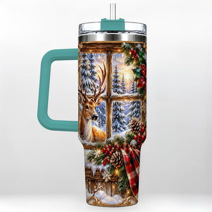 #pl[40oz|Green] Christmas Deer 40oz Tumbler with Handle, Winter Stainless Steel Travel Cup