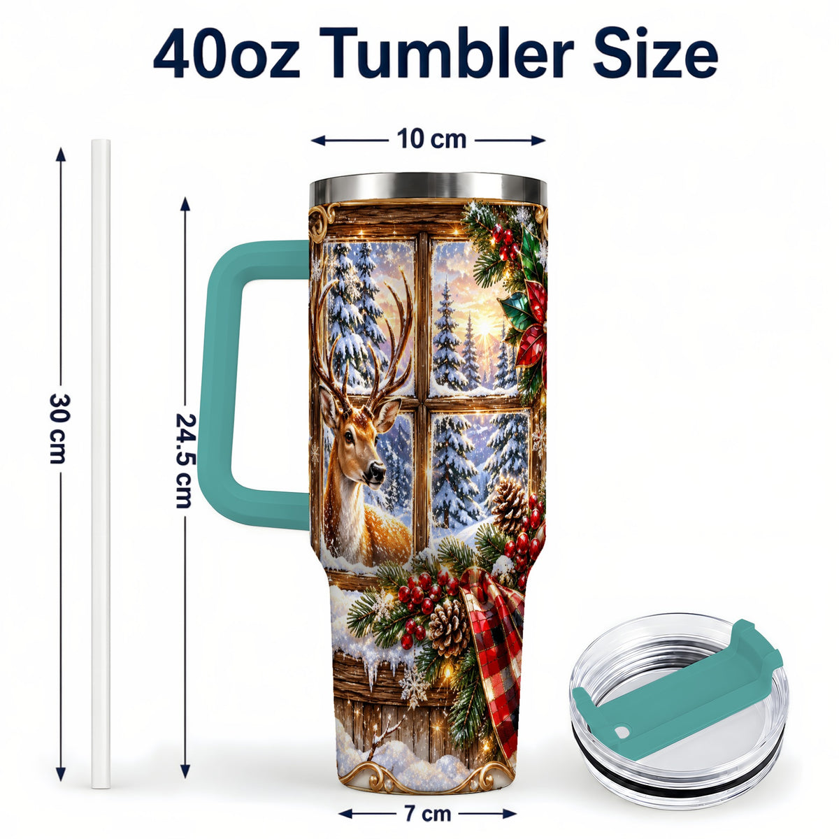#pl[40oz|Green] Christmas Deer 40oz Tumbler with Handle, Winter Stainless Steel Travel Cup