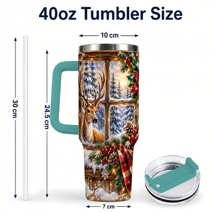 #pl[40oz|Green] Christmas Deer 40oz Tumbler with Handle, Winter Stainless Steel Travel Cup