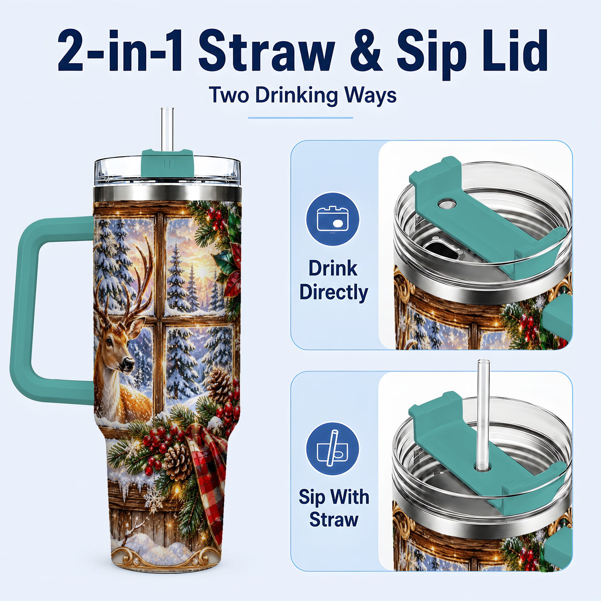 #pl[40oz|Green] Christmas Deer 40oz Tumbler with Handle, Winter Stainless Steel Travel Cup