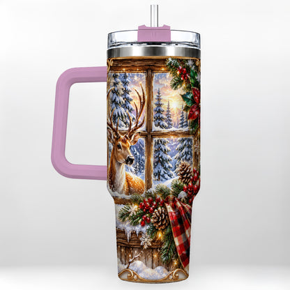 #pl[40oz|Pink] Christmas Deer 40oz Tumbler with Handle, Winter Stainless Steel Travel Cup