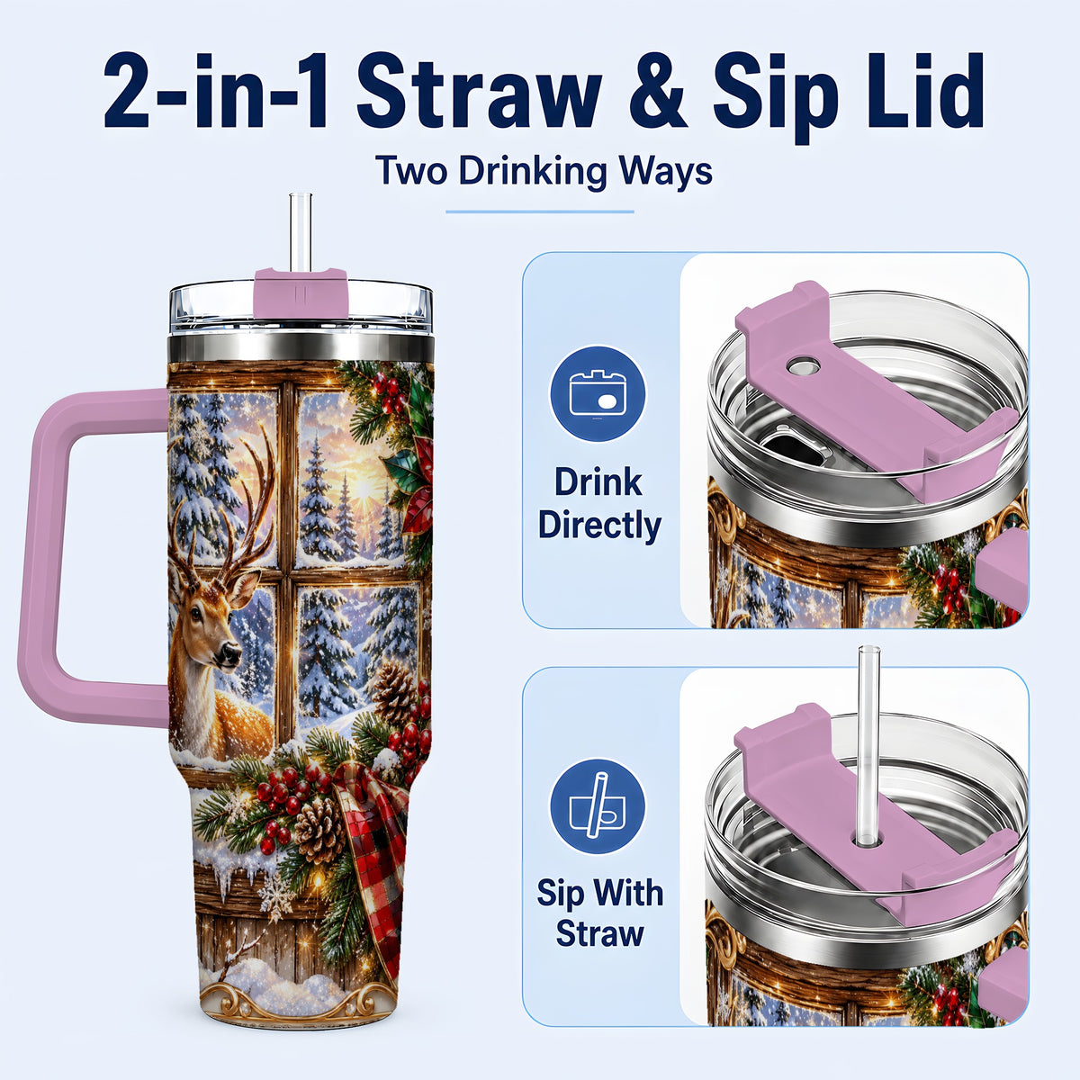 #pl[40oz|Pink] Christmas Deer 40oz Tumbler with Handle, Winter Stainless Steel Travel Cup