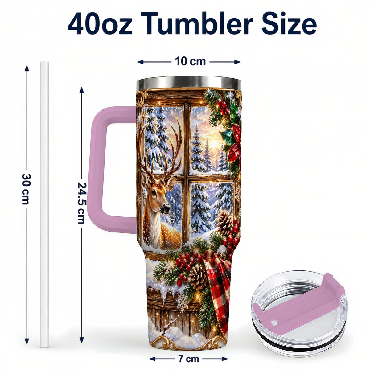 #pl[40oz|Pink] Christmas Deer 40oz Tumbler with Handle, Winter Stainless Steel Travel Cup