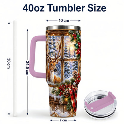 #pl[40oz|Pink] Christmas Deer 40oz Tumbler with Handle, Winter Stainless Steel Travel Cup