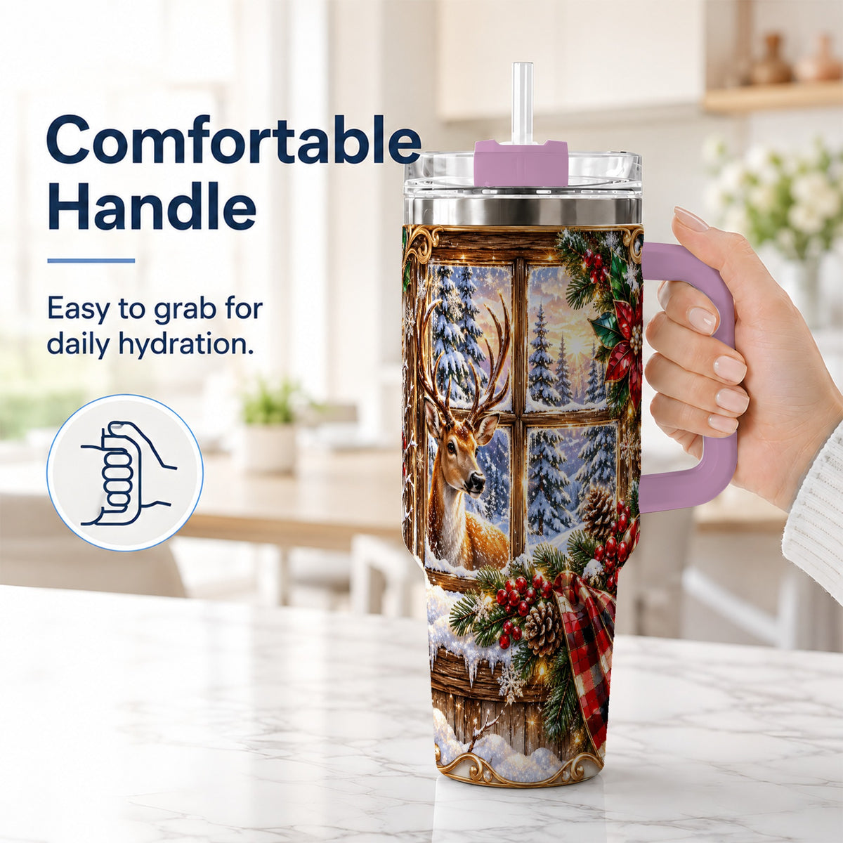 #pl[40oz|Pink] Christmas Deer 40oz Tumbler with Handle, Winter Stainless Steel Travel Cup