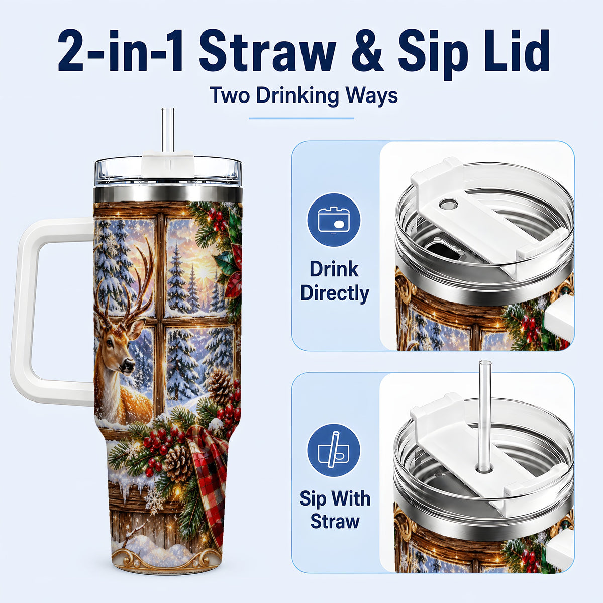 #pl[40oz|White] Christmas Deer 40oz Tumbler with Handle, Winter Stainless Steel Travel Cup
