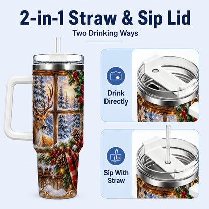 #pl[40oz|White] Christmas Deer 40oz Tumbler with Handle, Winter Stainless Steel Travel Cup