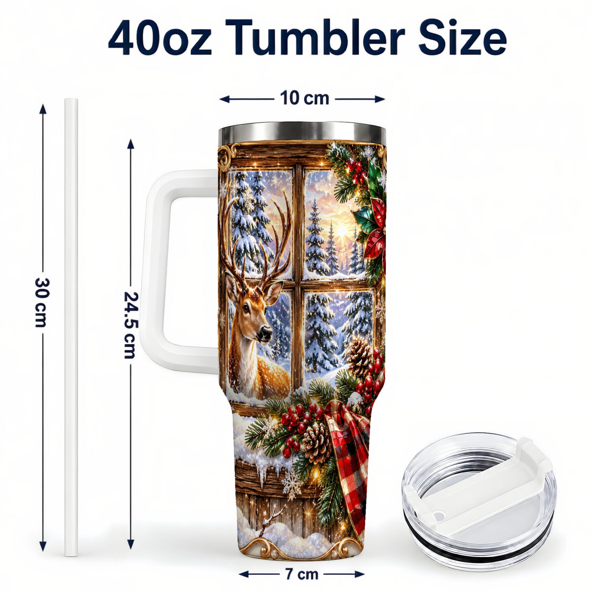 #pl[40oz|White] Christmas Deer 40oz Tumbler with Handle, Winter Stainless Steel Travel Cup