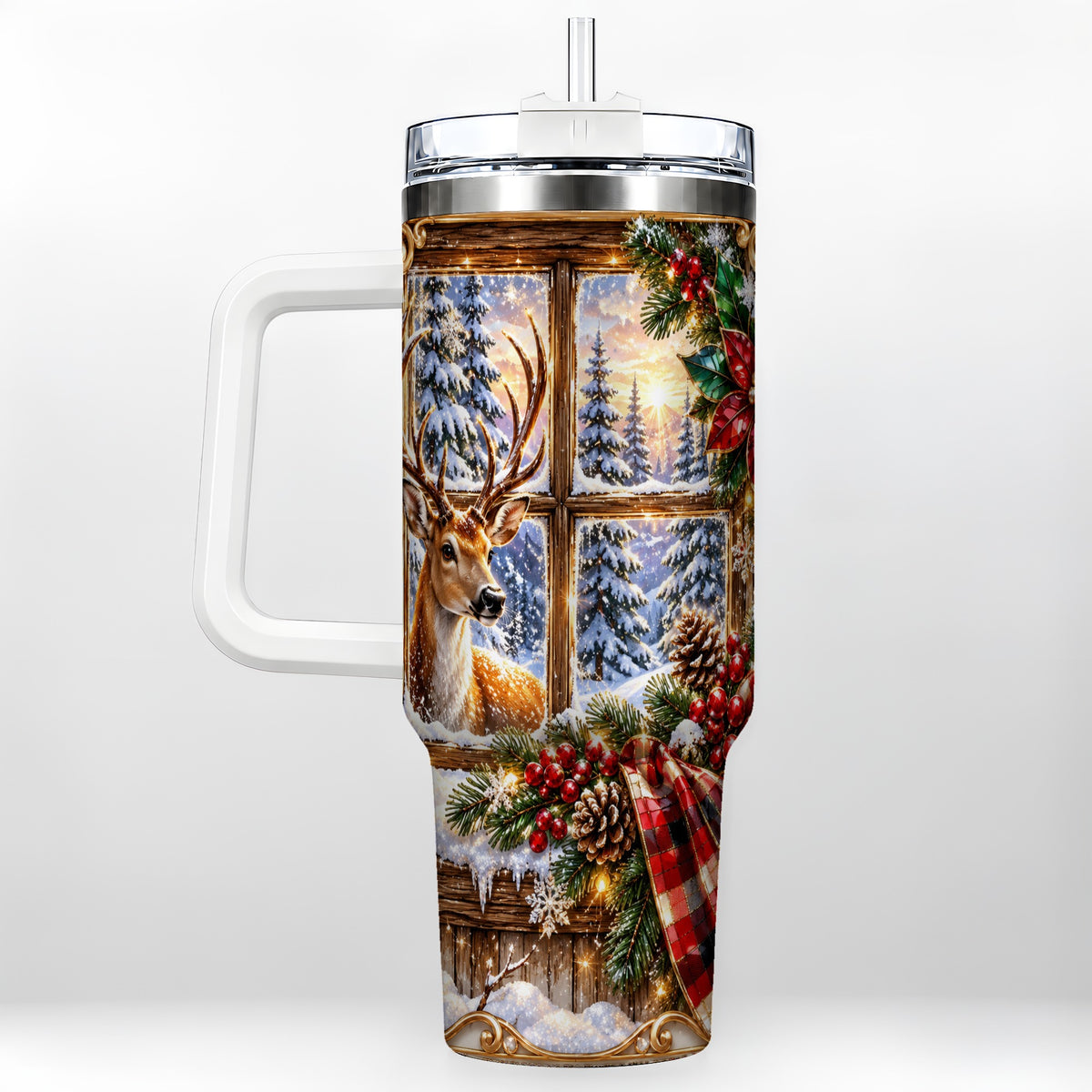 Christmas Deer 40oz Tumbler with Handle, Winter Stainless Steel Travel Cup