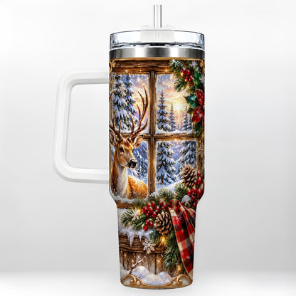 Christmas Deer 40oz Tumbler with Handle, Winter Stainless Steel Travel Cup
