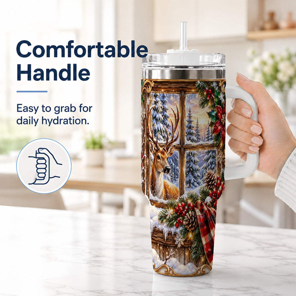 #pl[40oz|White] Christmas Deer 40oz Tumbler with Handle, Winter Stainless Steel Travel Cup
