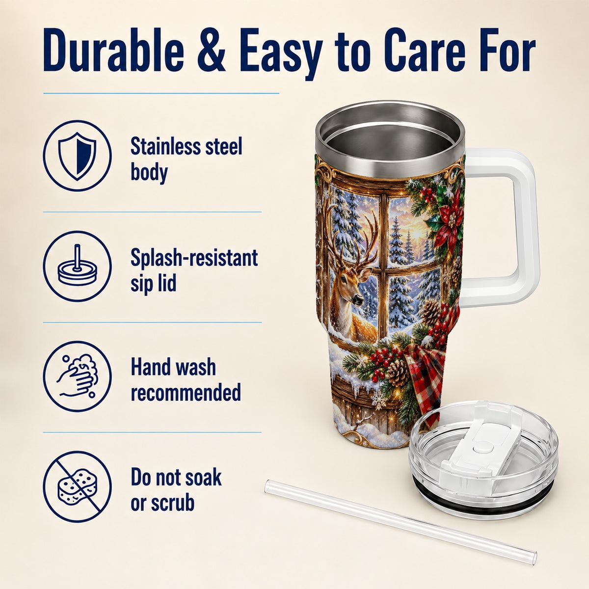 Christmas Deer 40oz Tumbler with Handle, Winter Stainless Steel Travel Cup