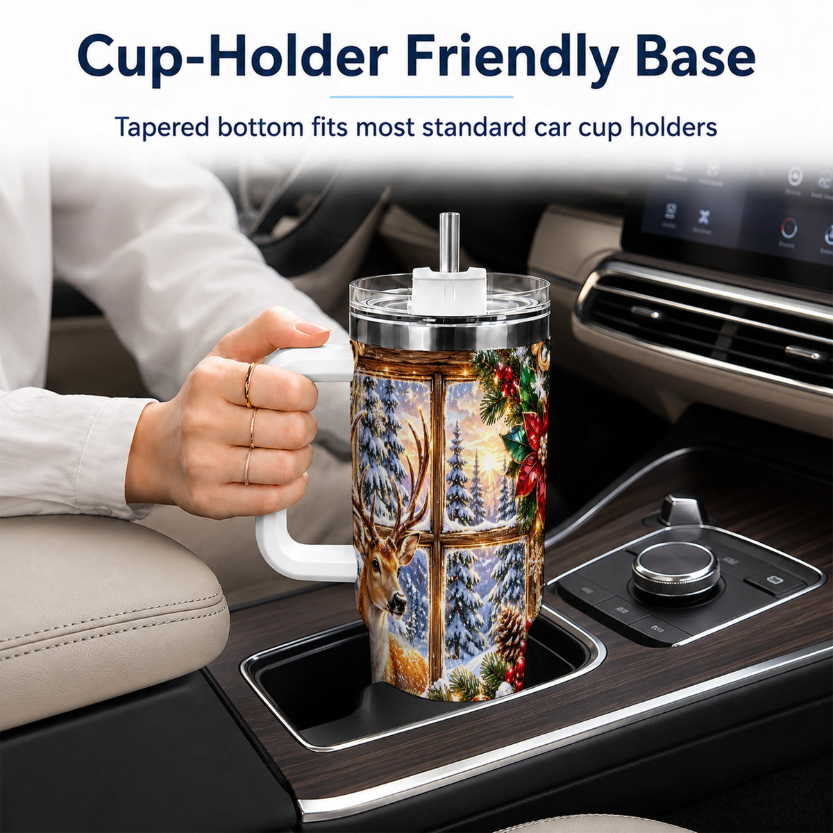 Christmas Deer 40oz Tumbler with Handle, Winter Stainless Steel Travel Cup