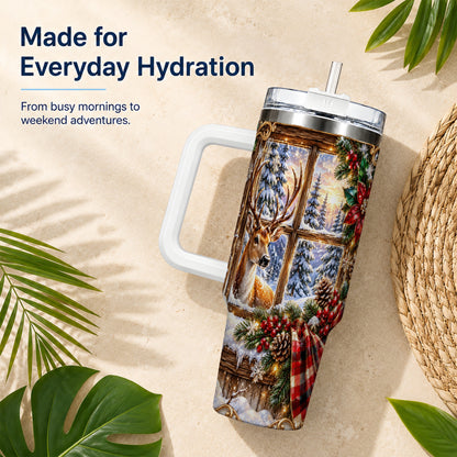 Christmas Deer 40oz Tumbler with Handle, Winter Stainless Steel Travel Cup
