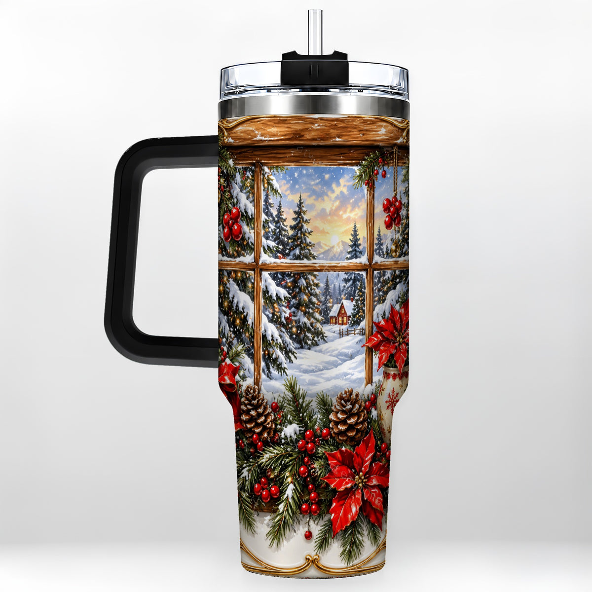 #pl[40oz|Black] Snowy Cabin 40oz Tumbler with Handle, Christmas Stainless Steel Travel Cup