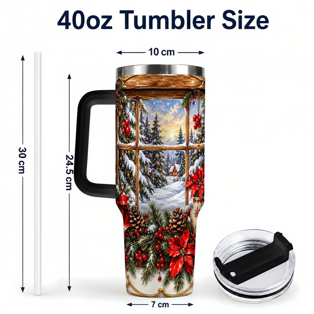 #pl[40oz|Black] Snowy Cabin 40oz Tumbler with Handle, Christmas Stainless Steel Travel Cup