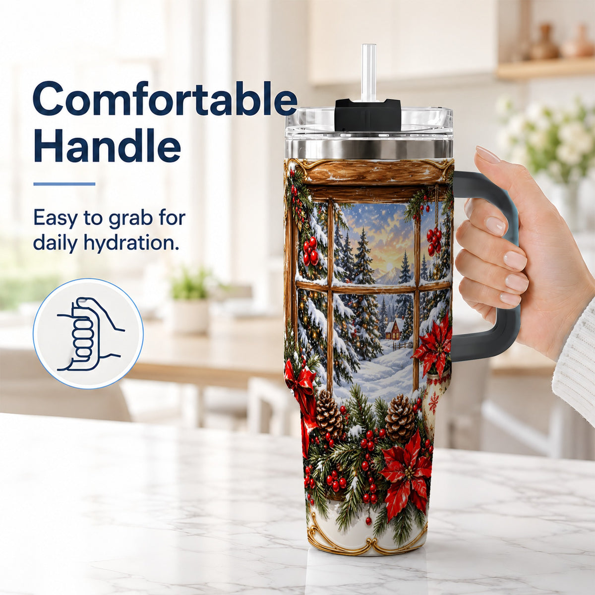#pl[40oz|Black] Snowy Cabin 40oz Tumbler with Handle, Christmas Stainless Steel Travel Cup