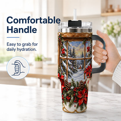 #pl[40oz|Black] Snowy Cabin 40oz Tumbler with Handle, Christmas Stainless Steel Travel Cup
