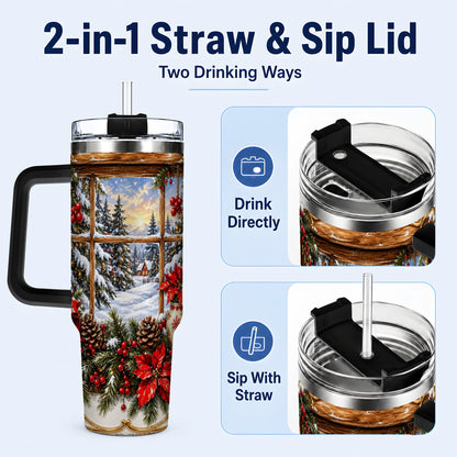 #pl[40oz|Black] Snowy Cabin 40oz Tumbler with Handle, Christmas Stainless Steel Travel Cup