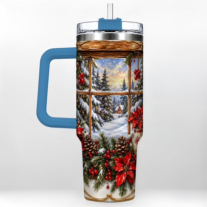 #pl[40oz|Blue] Snowy Cabin 40oz Tumbler with Handle, Christmas Stainless Steel Travel Cup