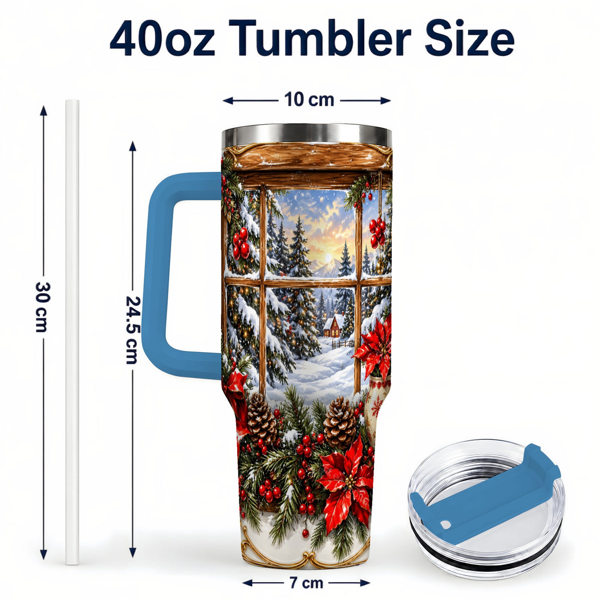 #pl[40oz|Blue] Snowy Cabin 40oz Tumbler with Handle, Christmas Stainless Steel Travel Cup