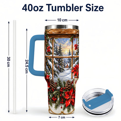 #pl[40oz|Blue] Snowy Cabin 40oz Tumbler with Handle, Christmas Stainless Steel Travel Cup